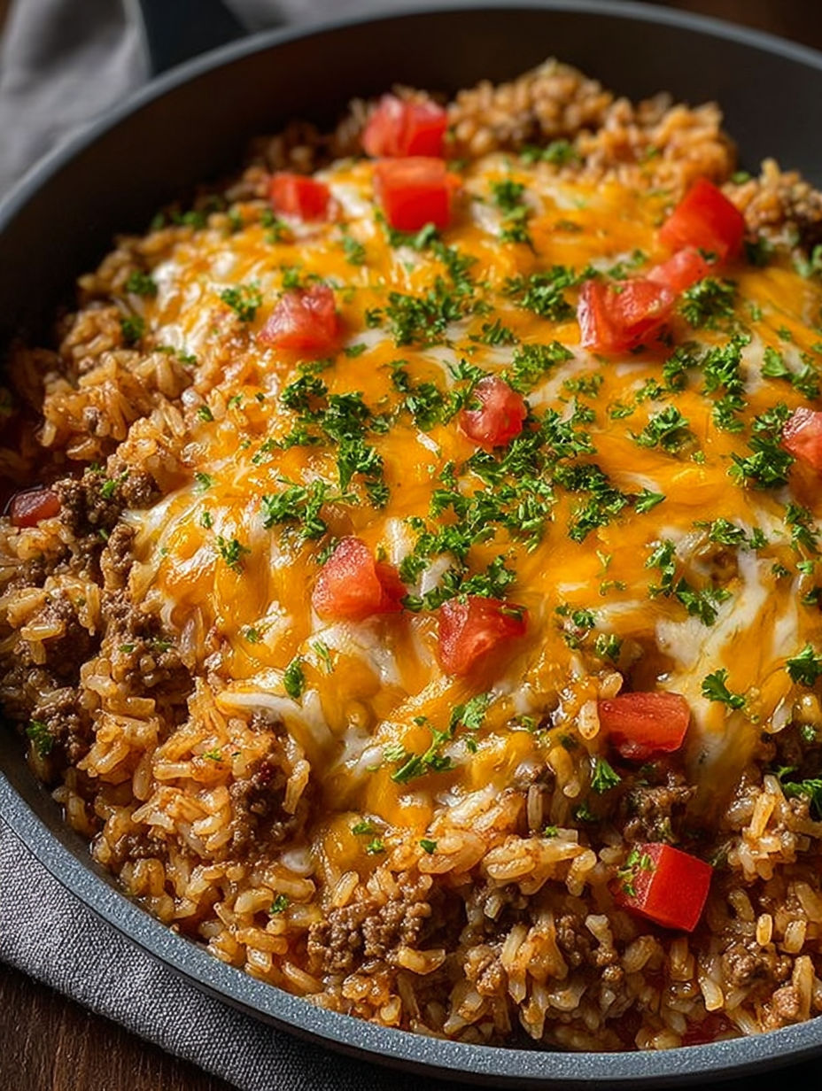 A bowl of food with rice, tomatoes, and cheese.