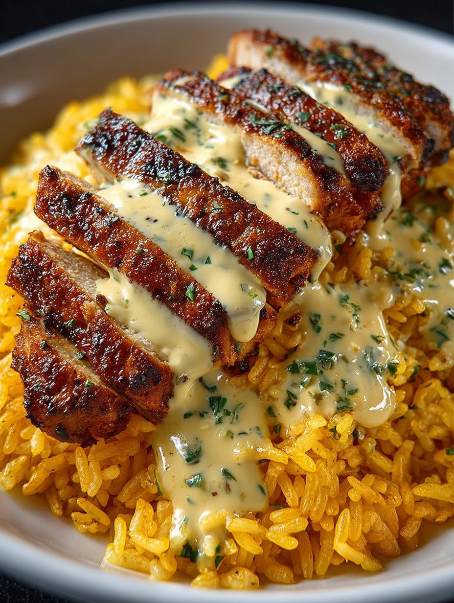 A plate of rice with chicken and cream sauce.