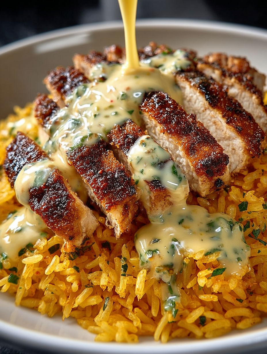 A plate of rice with chicken and cheese on top.