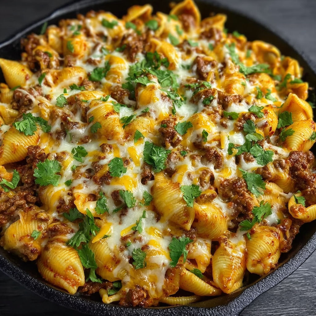 A close up of a cheesy enchilada hamburger helper.