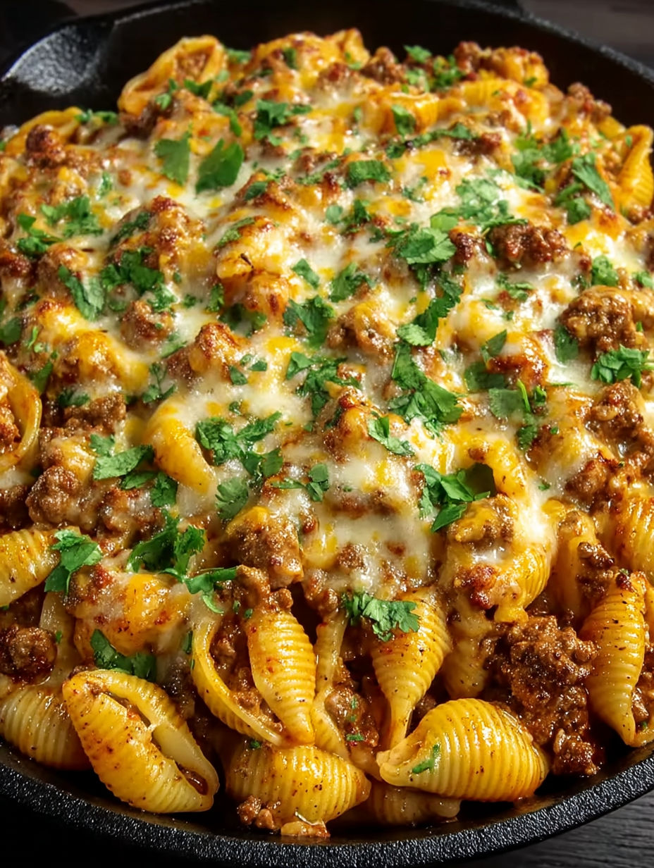 A close up of a cheesy enchilada hamburger helper.