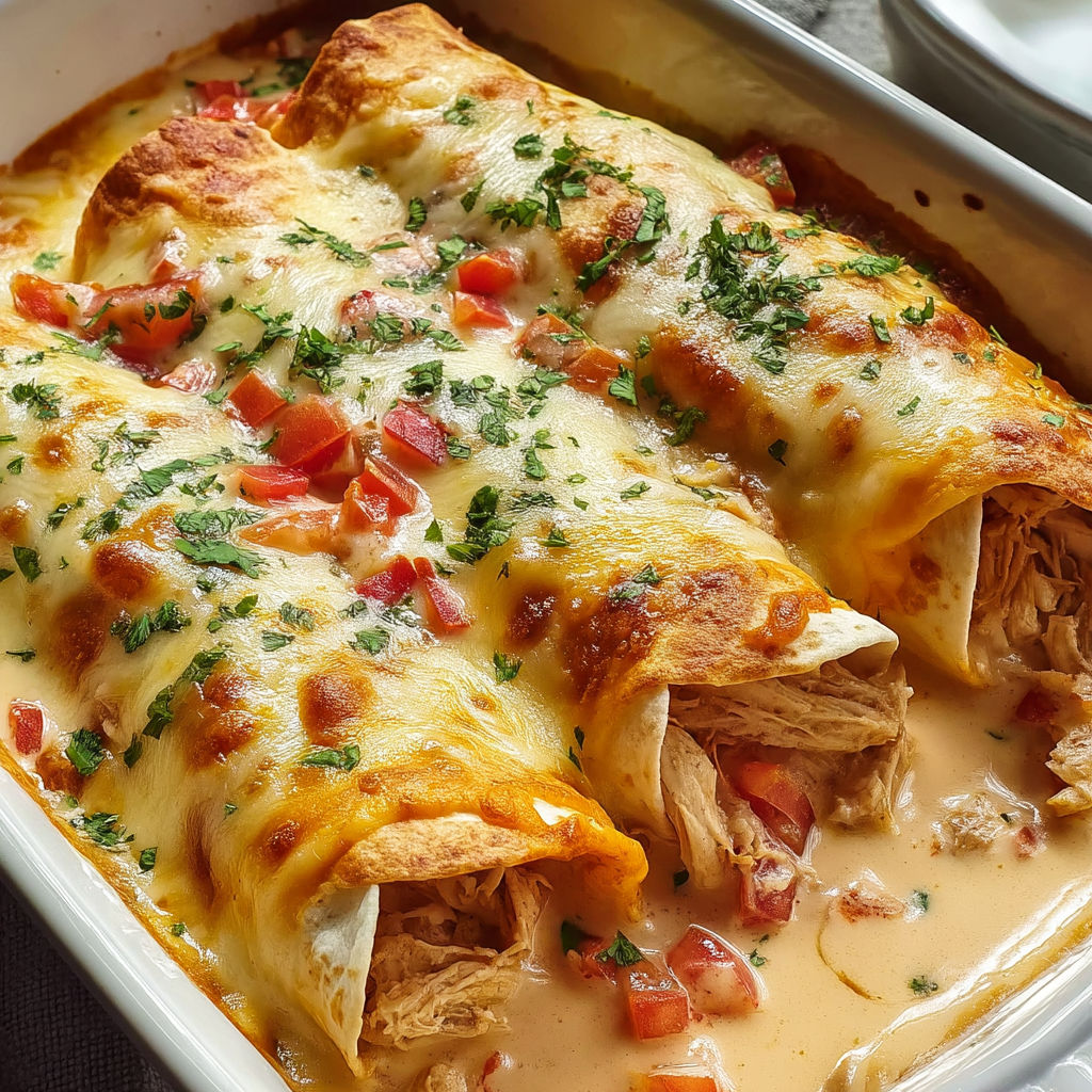 A dish of chicken enchiladas with tomatoes and cheese.