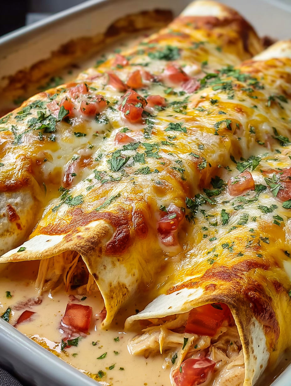 A delicious looking cheese and chicken enchilada.