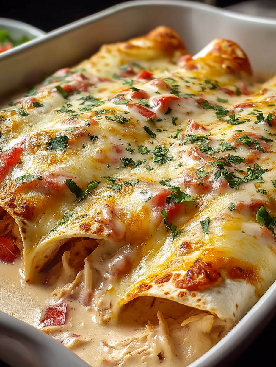 A delicious looking queso chicken enchilada.