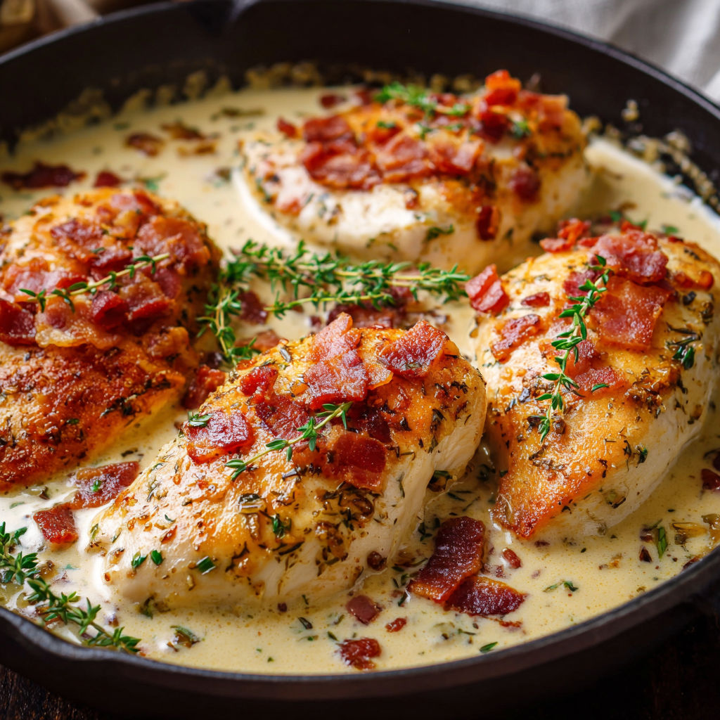 A pan of chicken covered in creamy garlic parmesan sauce.