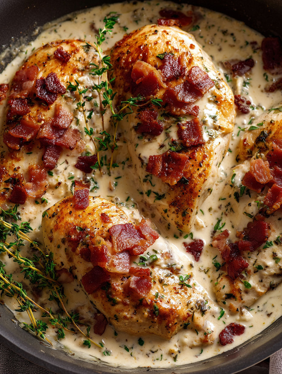 A dish of chicken covered in creamy garlic parmesan sauce.