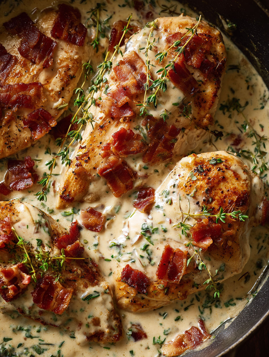 A dish of chicken covered in creamy garlic parmesan sauce.