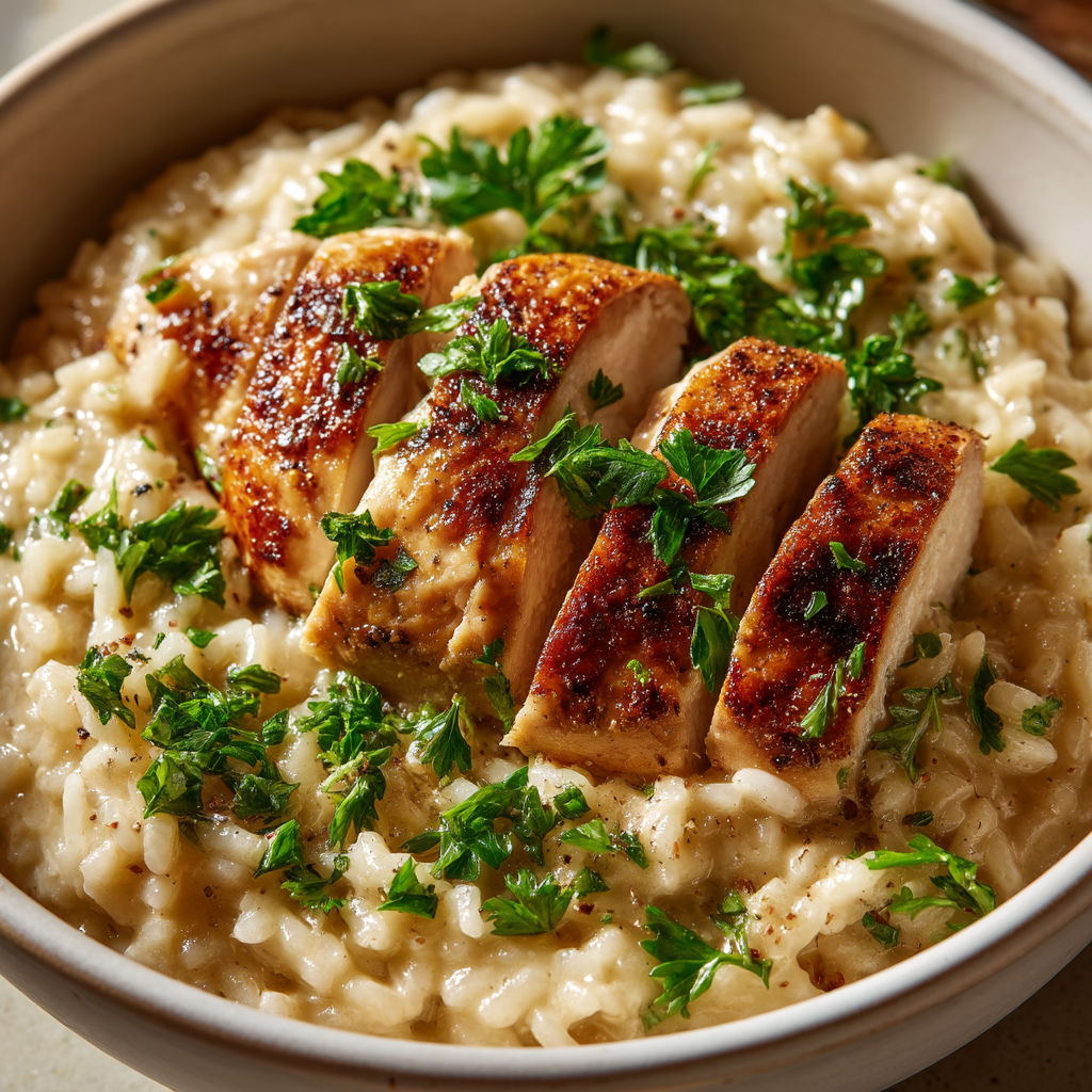 A bowl of rice with chicken and herbs.