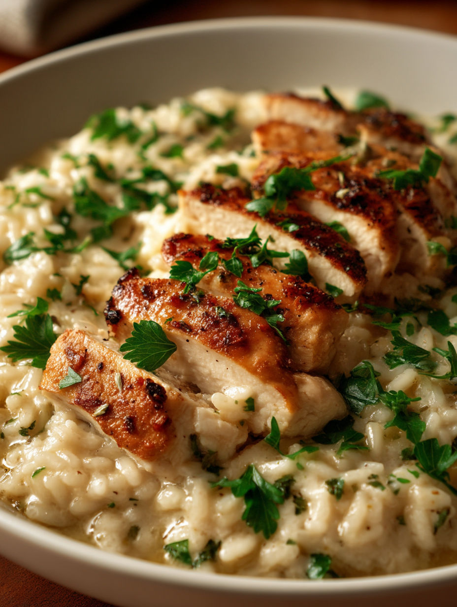 A bowl of rice with chicken and herbs.