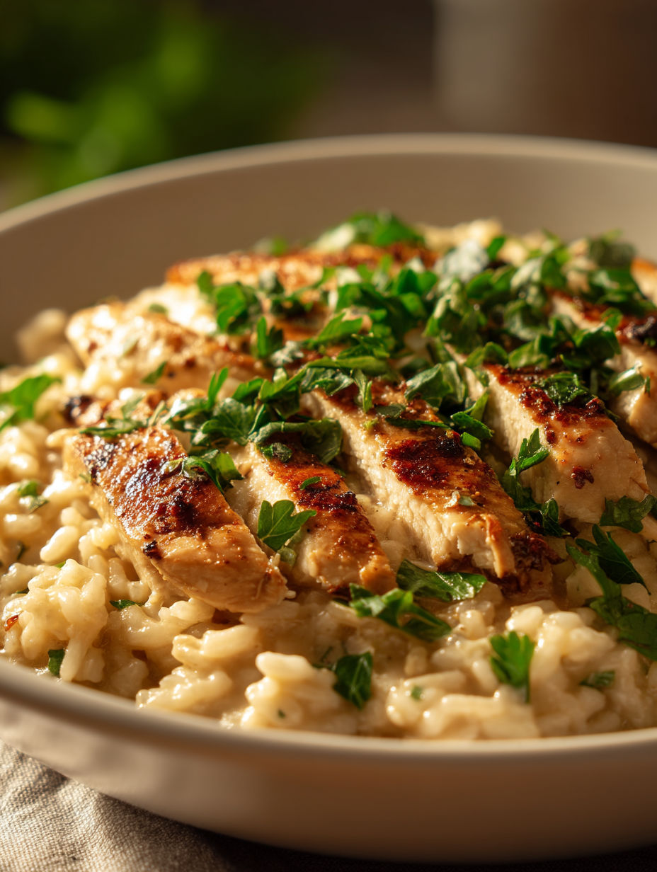 A bowl of rice with chicken and herbs.