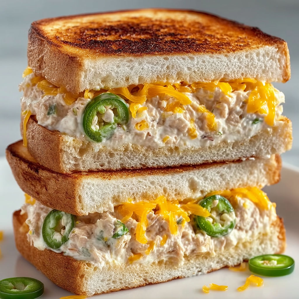 A stack of jalapeño cheddar tuna melts.