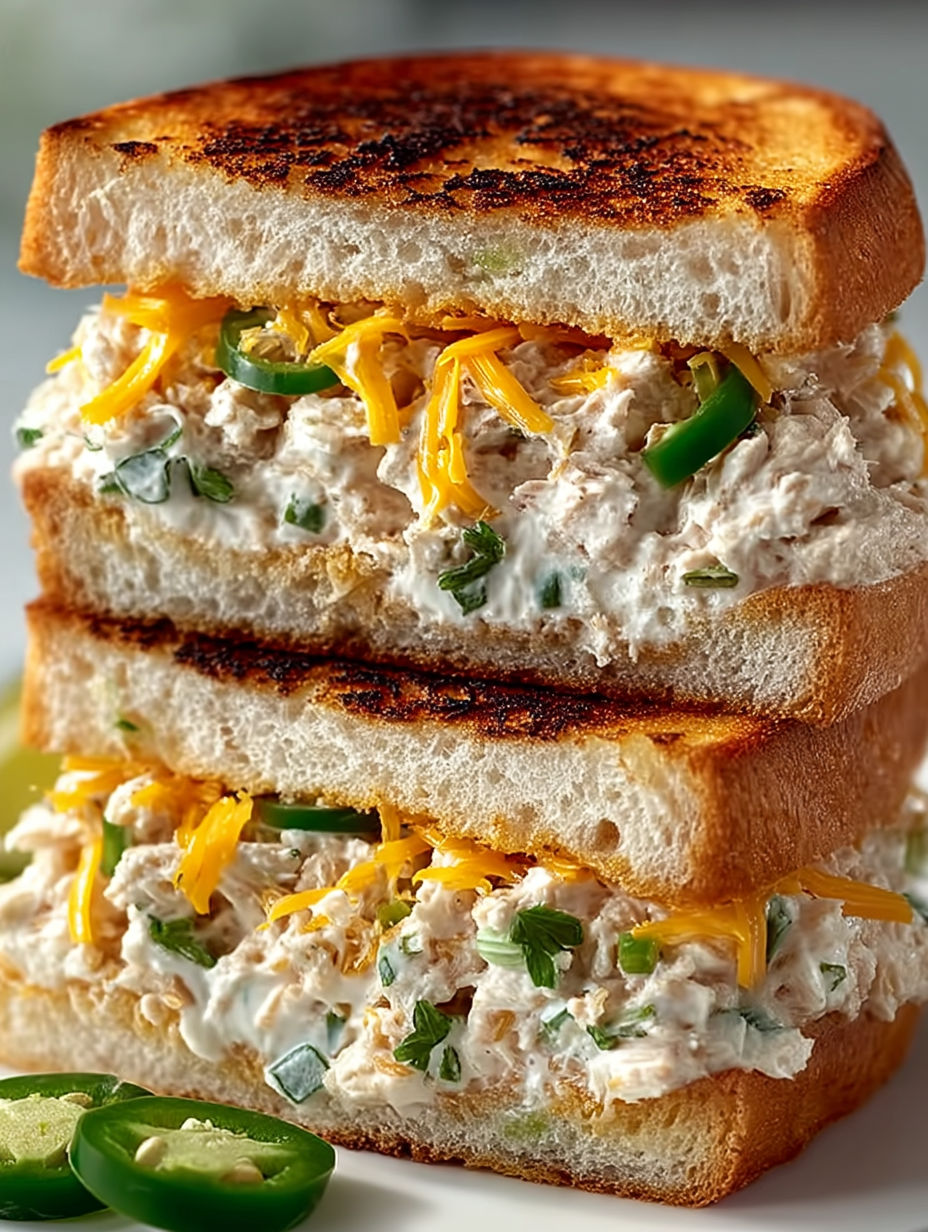 A stack of jalapeño cheddar tuna melts.