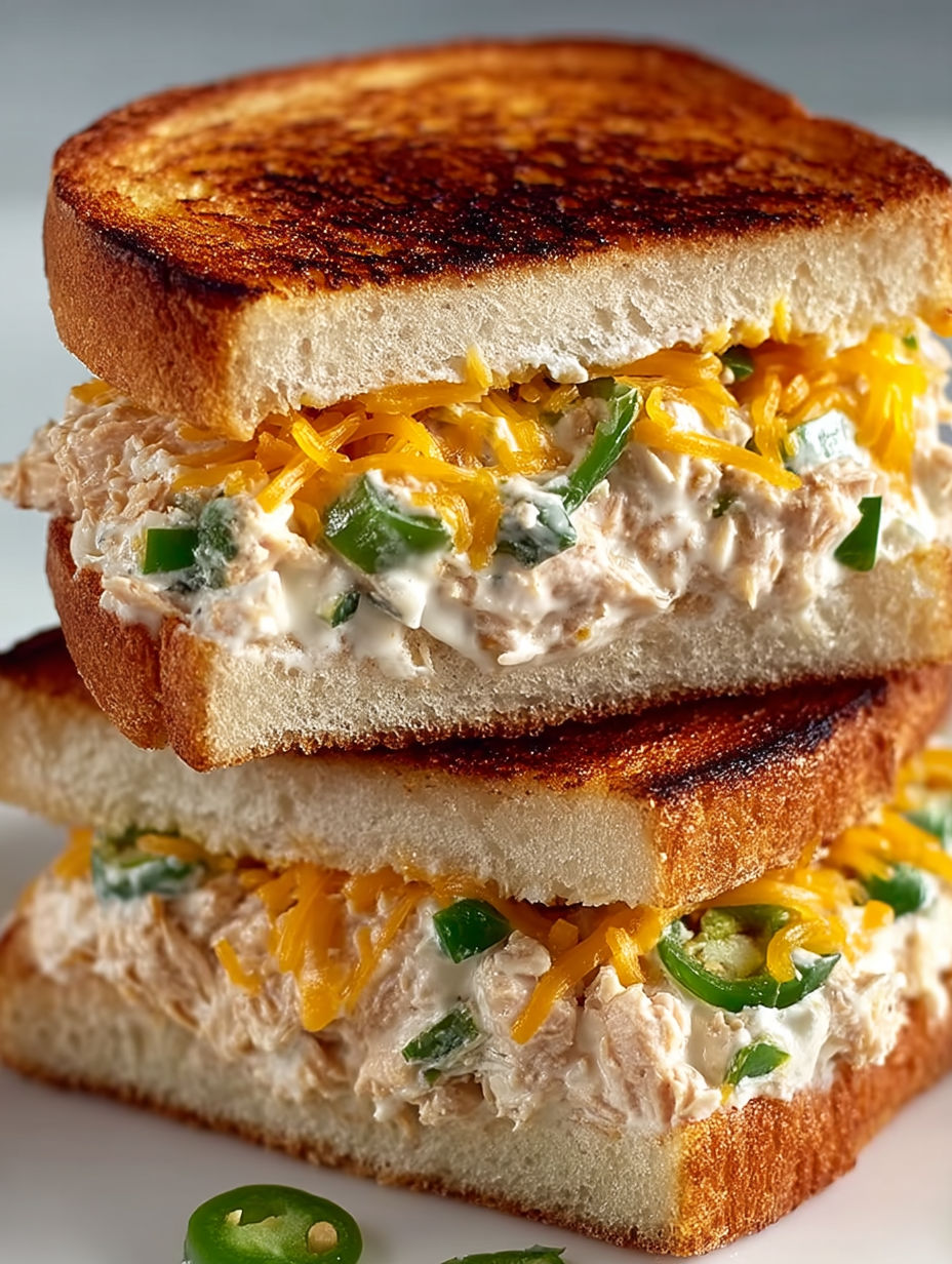 A stack of jalapeño cheddar tuna melts.