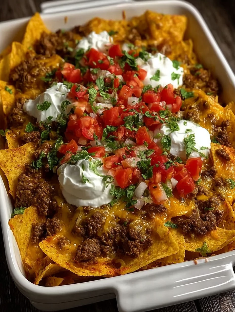 A cheesy Dorito taco casserole in a white bowl.
