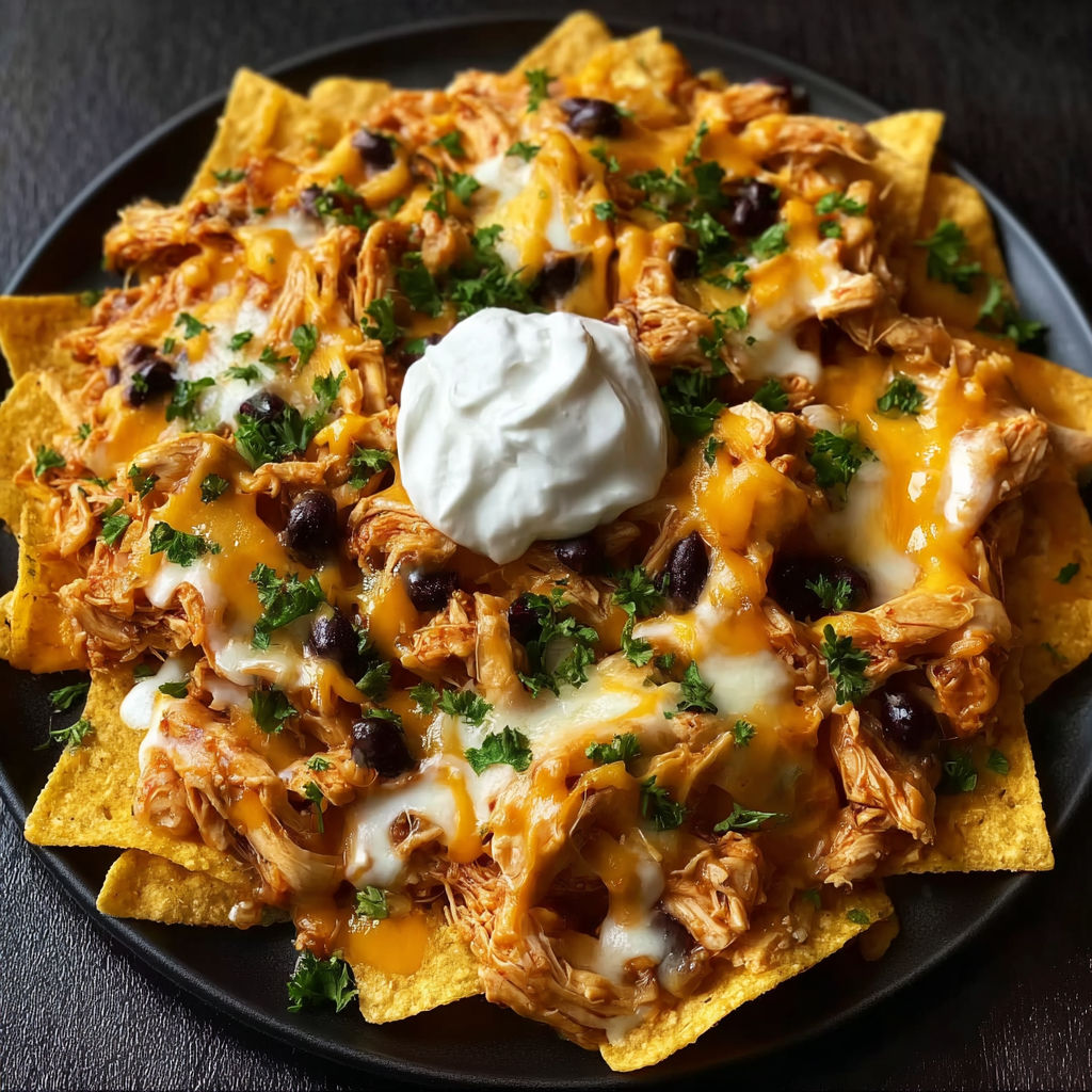 A plate of nachos with white cheese and black beans.