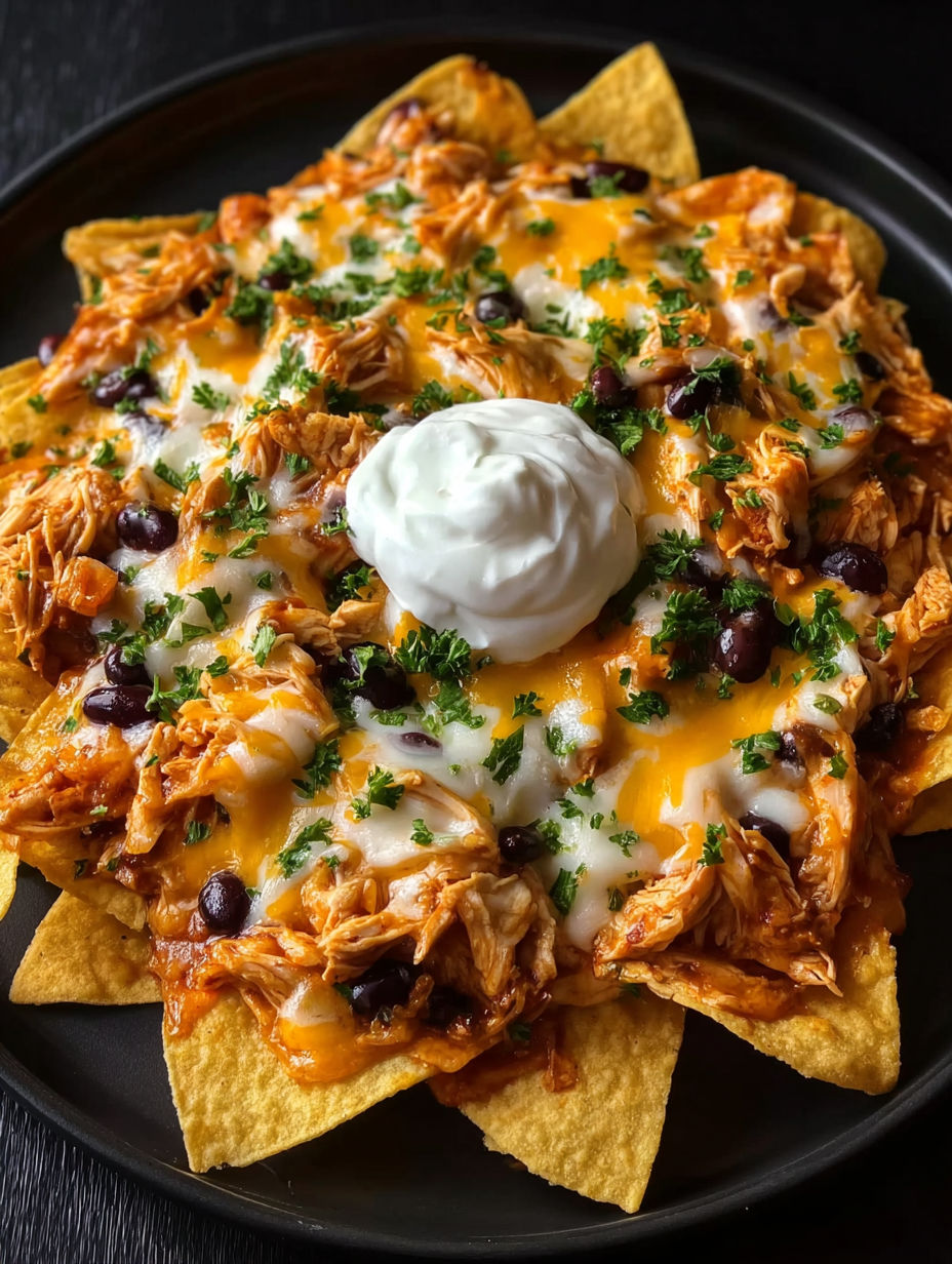 A plate of nachos with white cheese on top.