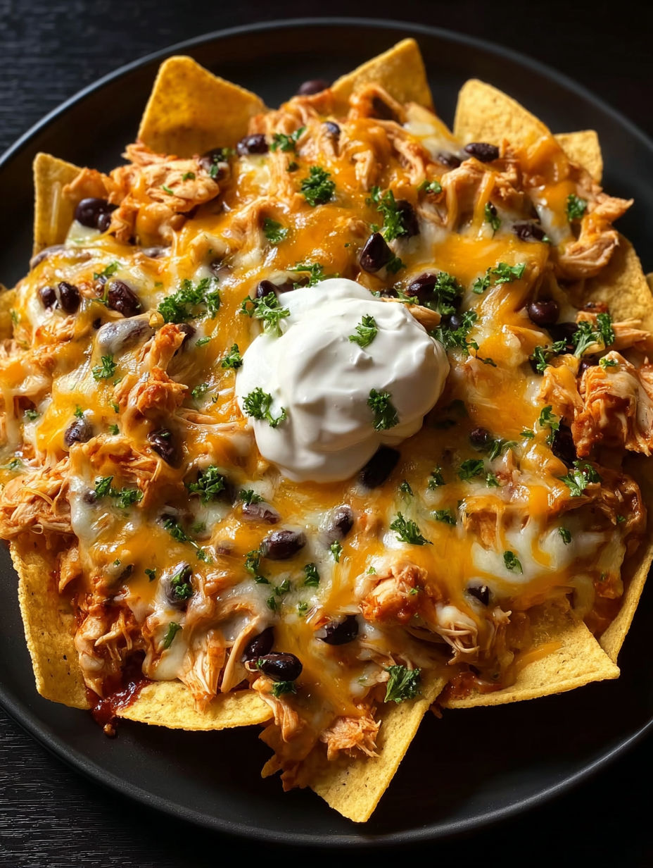 A plate of nachos with a dollop of sour cream on top.