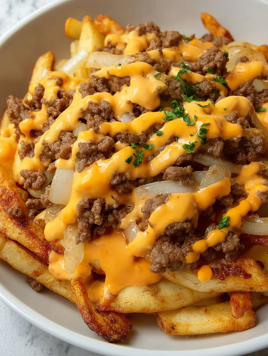 A cheeseburger french fry casserole with onions and cheese.