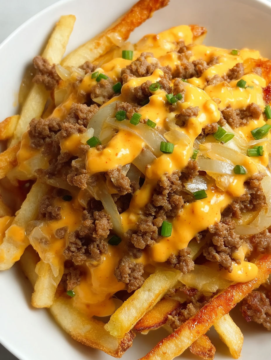 A cheeseburger french fry casserole with onions and cheese.