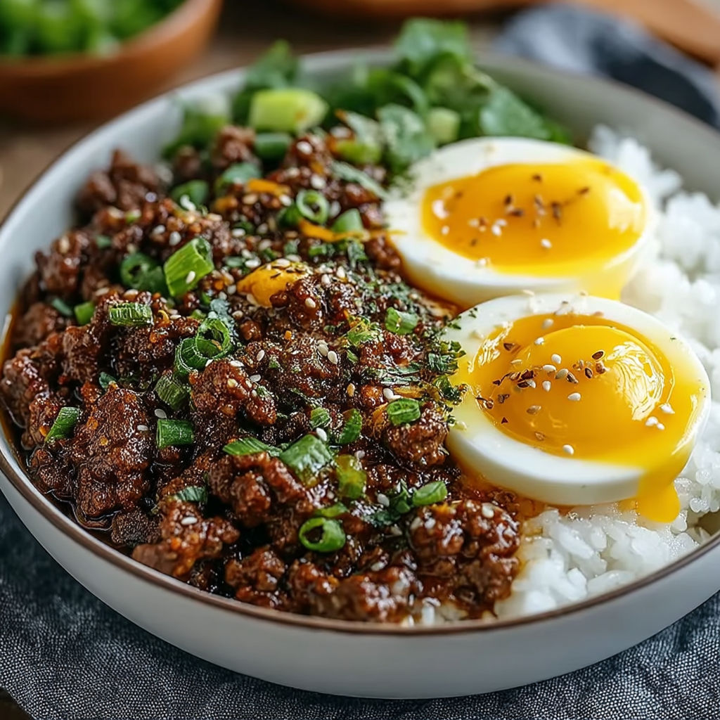 A bowl of food with two eggs on top.
