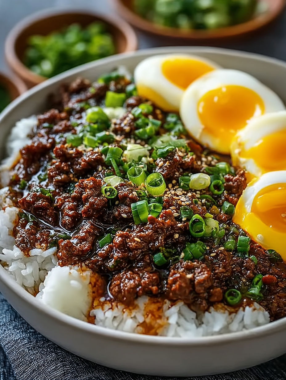 A bowl of food with two eggs on top.