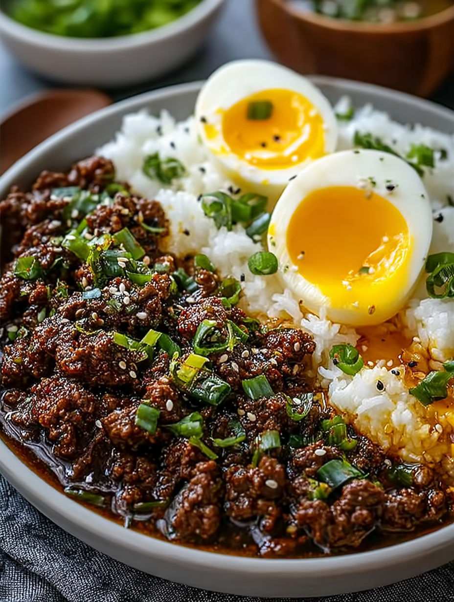 A bowl of food with two eggs on top.