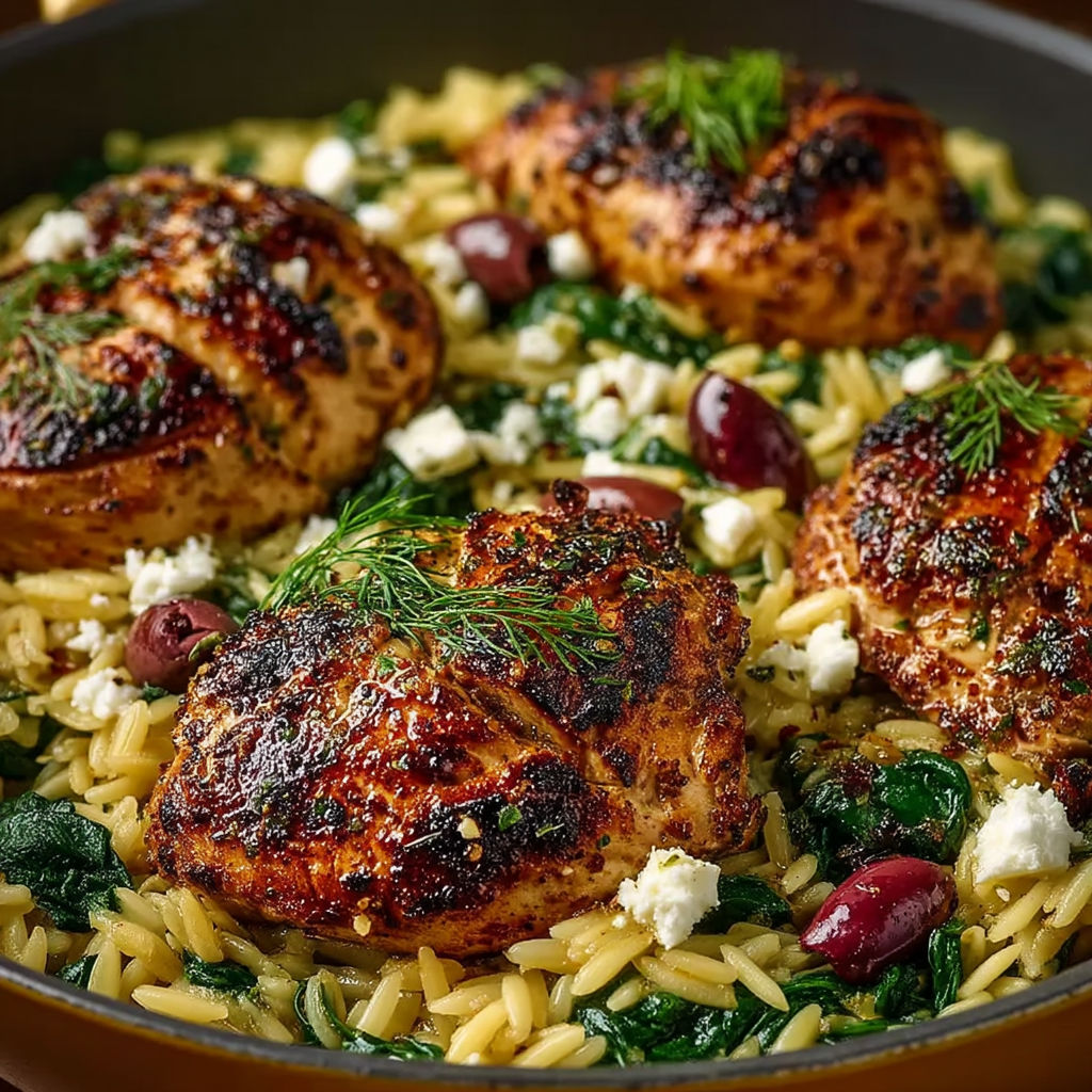 A delicious one-pan Greek chicken skillet with orzo.