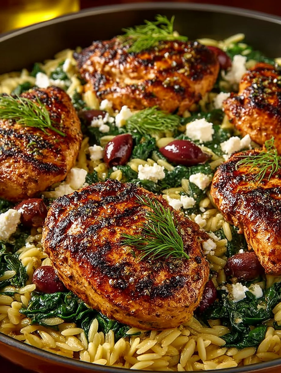 A delicious one-pan Greek chicken skillet with orzo.