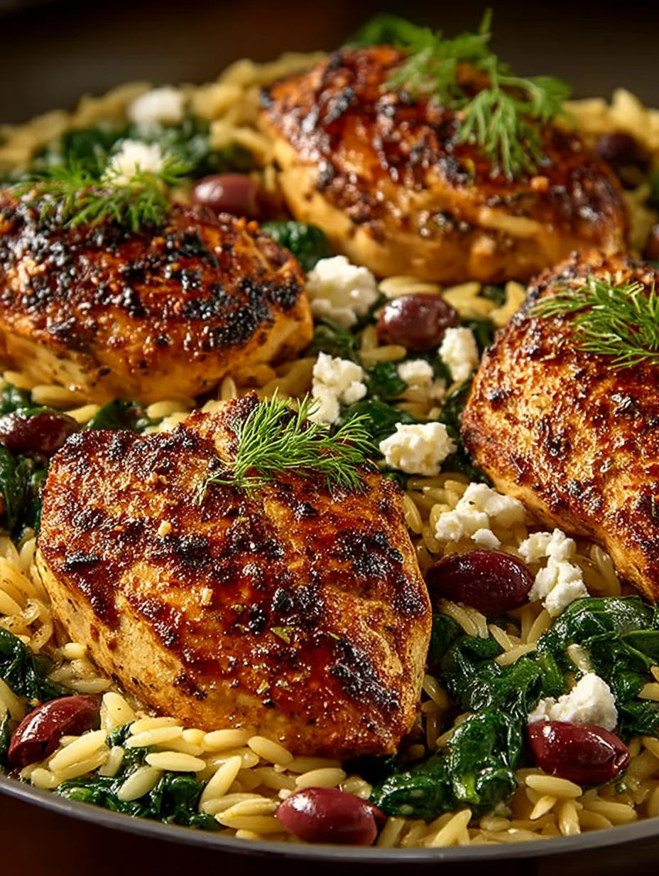 A delicious one-pan Greek chicken skillet with orzo.