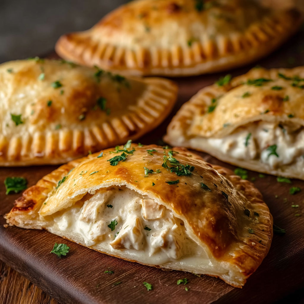 Three chicken Alfredo air fryer calzones.