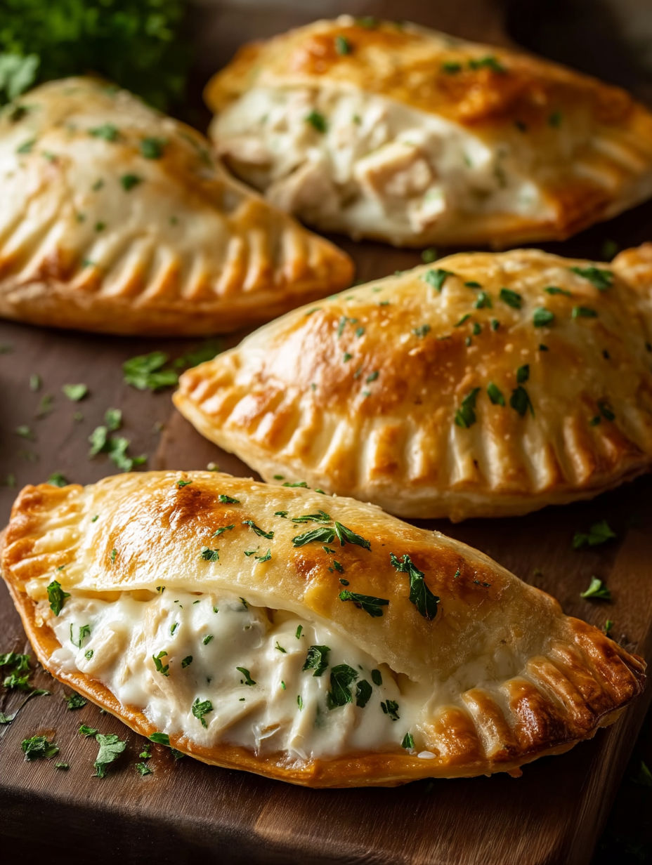 Three chicken Alfredo air fryer calzones.
