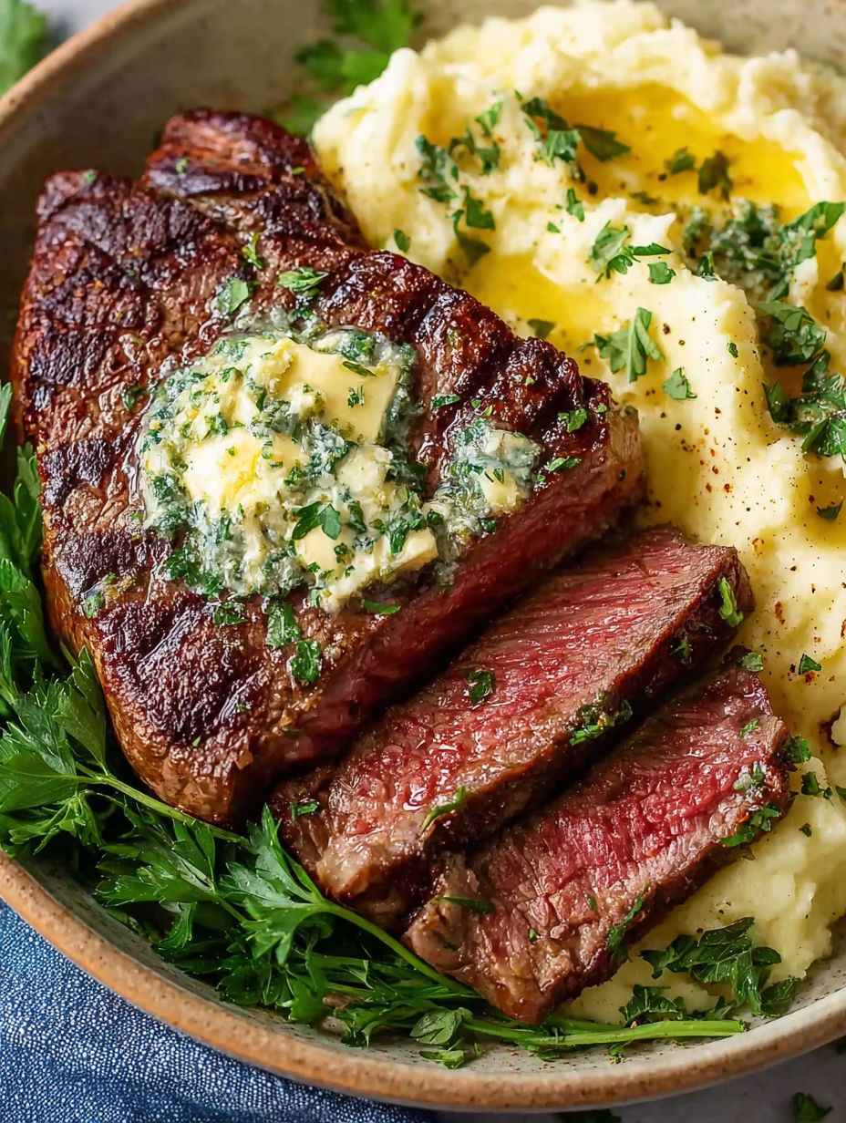 A piece of steak with butter on top.