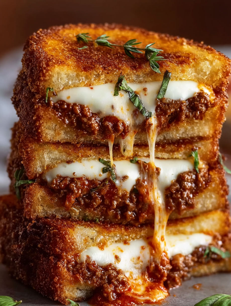 A stack of grilled cheese sandwiches with meat sauce.