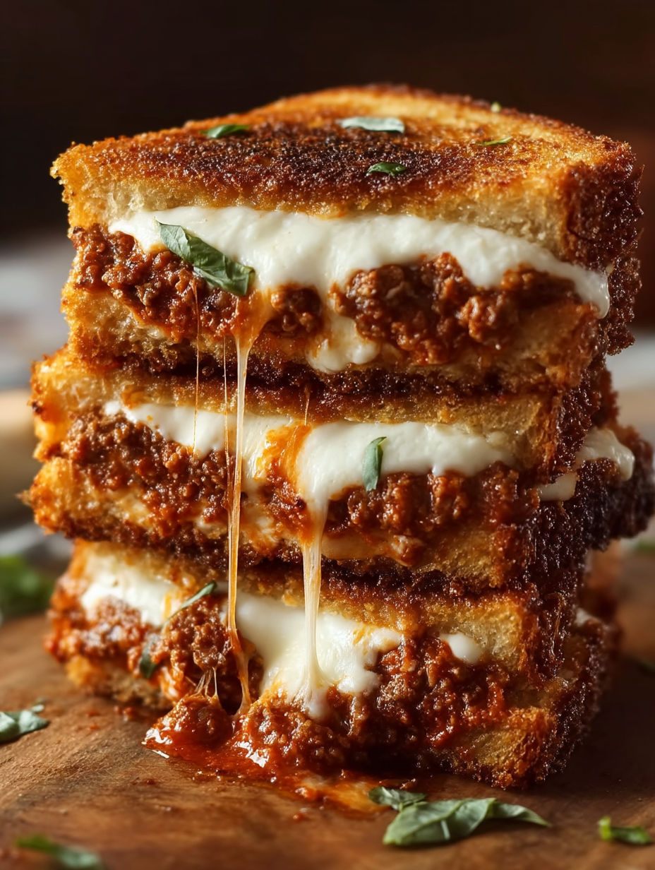 A stack of grilled cheese sandwiches with meat sauce.