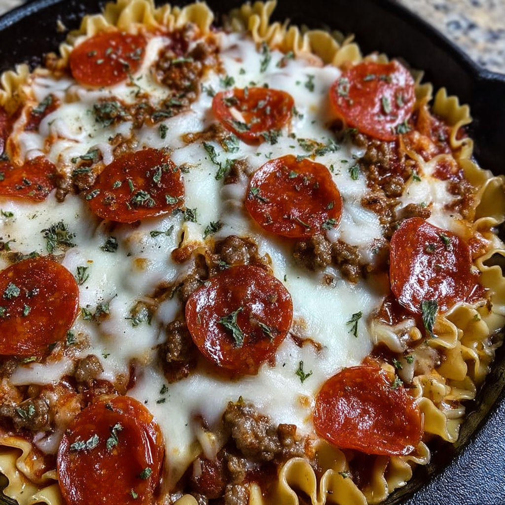 A skillet bake with pepperoni and cheese.