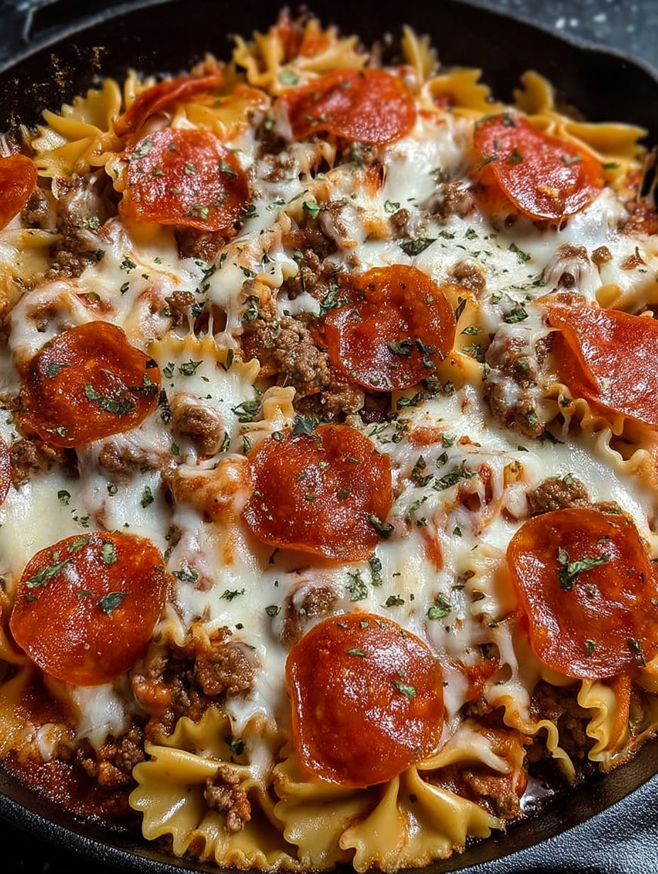 A delicious pizza lasagna skillet bake.