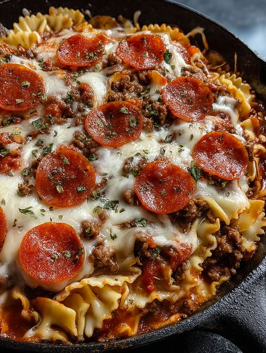 A skillet bake with pepperoni and cheese.