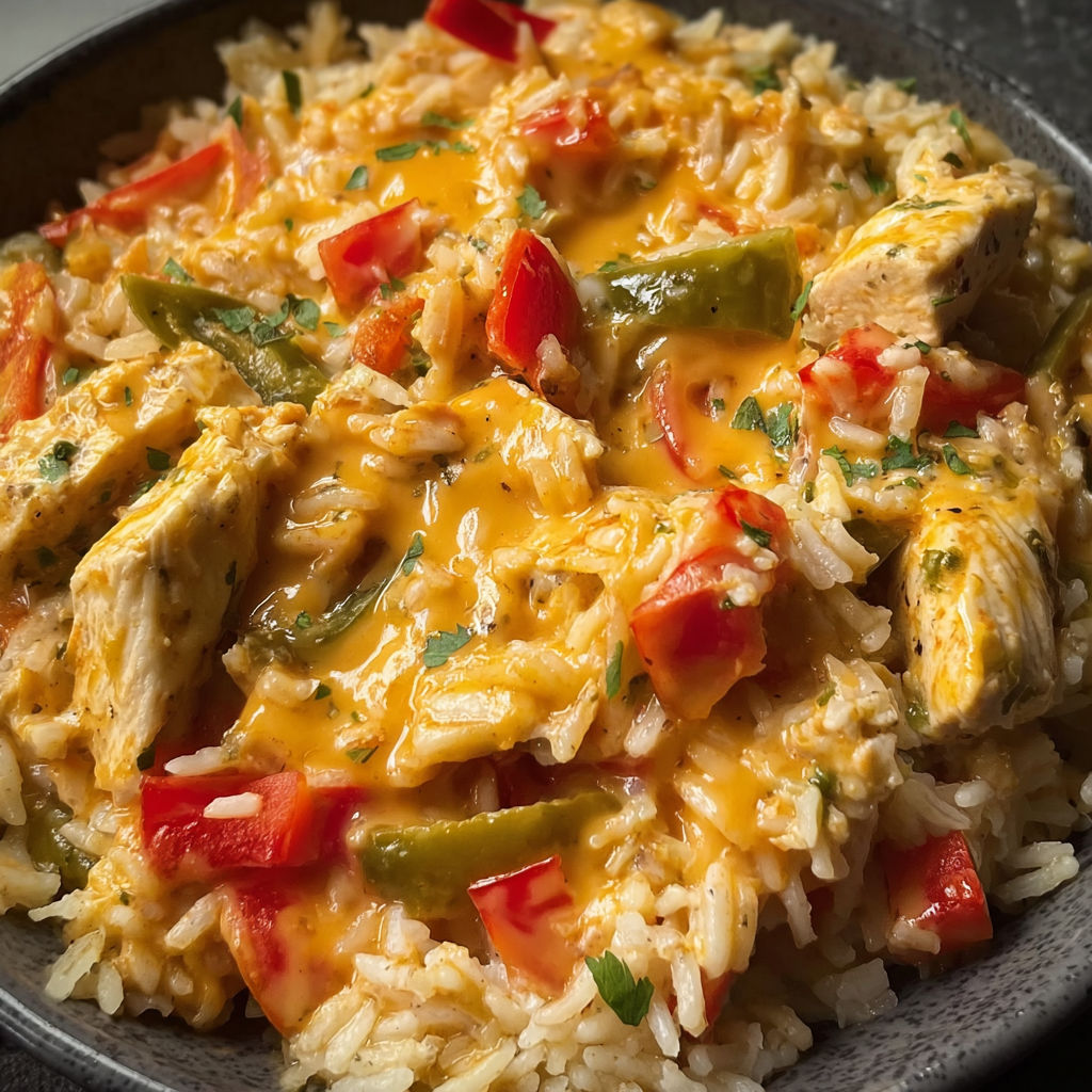 A bowl of rice with chicken and peppers.
