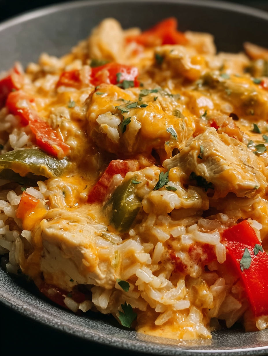 A skillet of chicken fajita with rice and peppers.