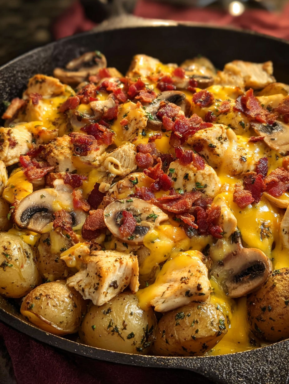 A delicious meal of chicken, potatoes, and mushrooms.