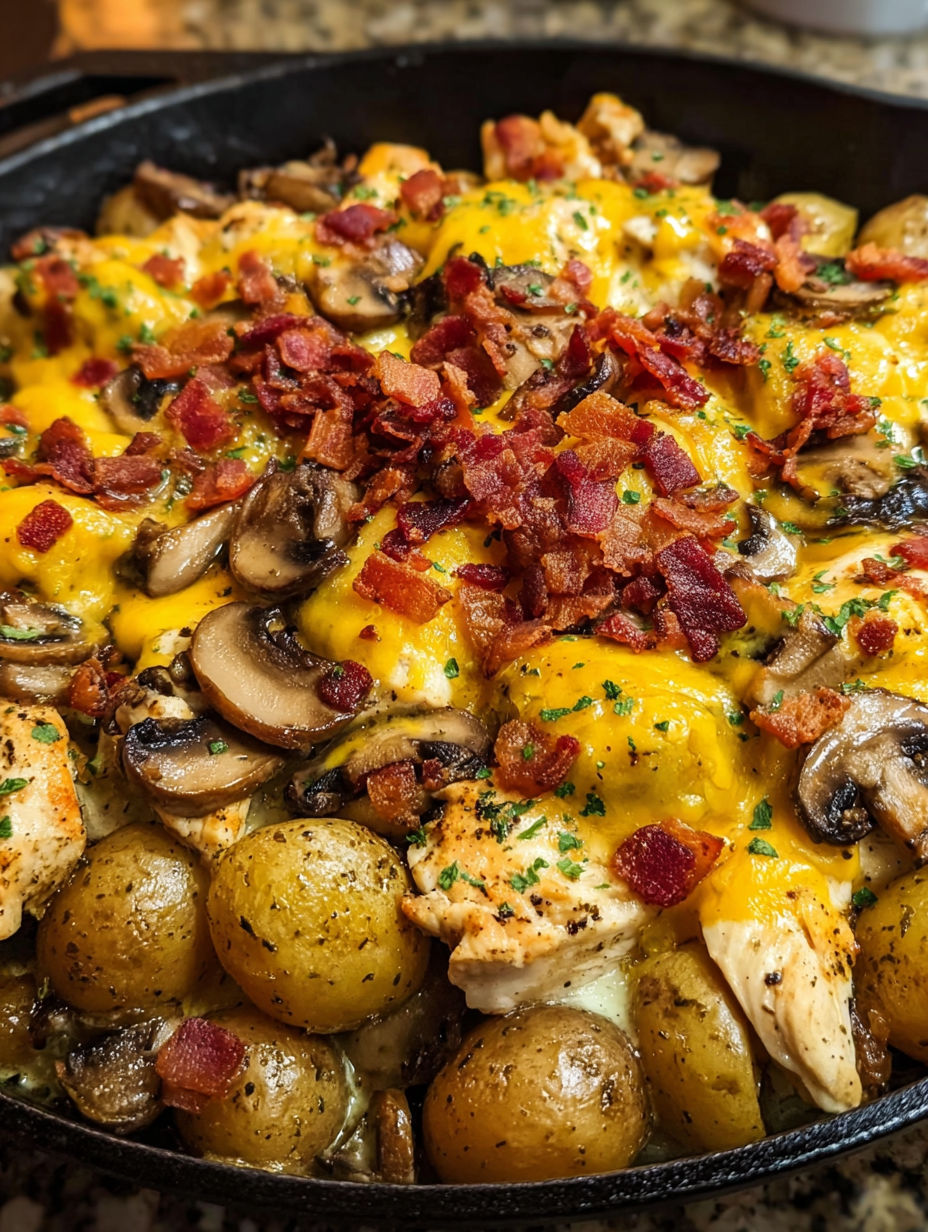 A delicious meal of chicken, potatoes and mushrooms.