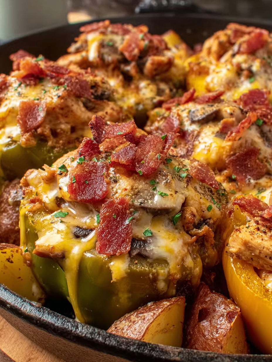 A dish of stuffed peppers with bacon and cheese.