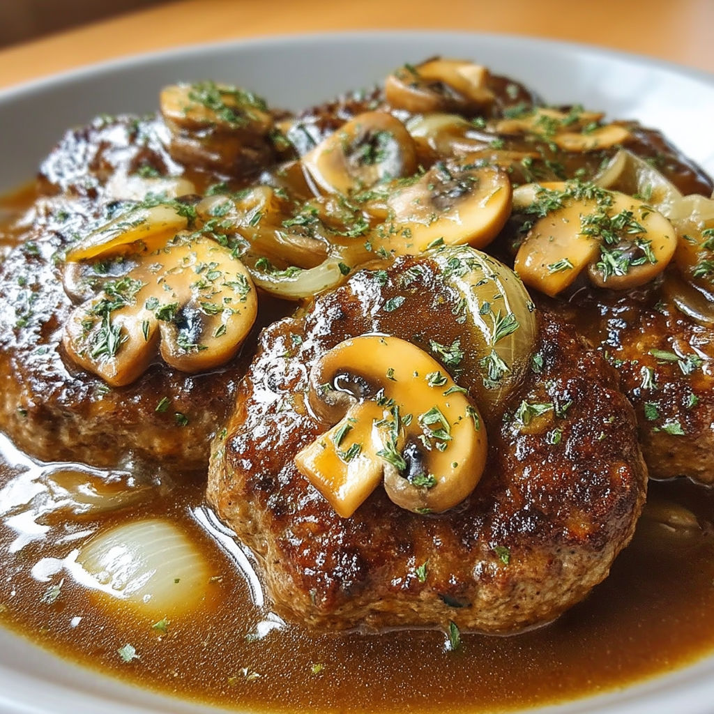 Hamburger steaks in brown gravy.