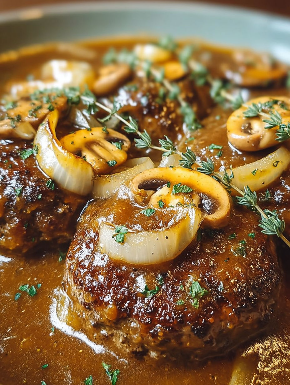 Hamburger steaks in brown gravy.