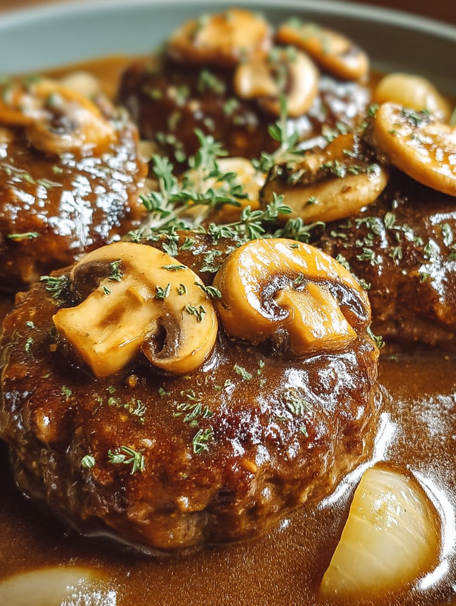 Hamburger steaks with brown gravy.