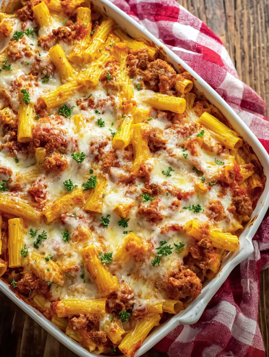 A baked ziti with sausage dish.