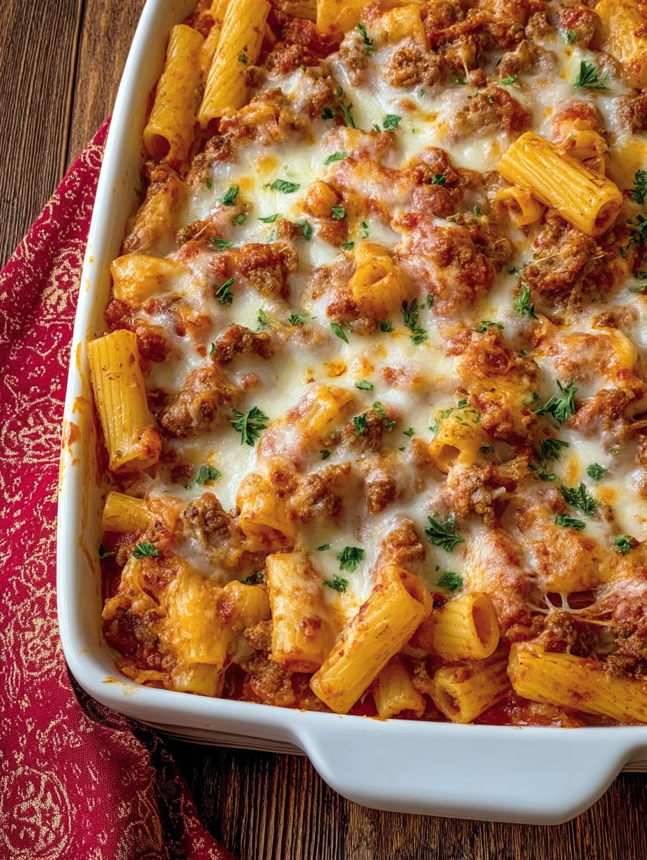 A baked ziti with sausage dish.