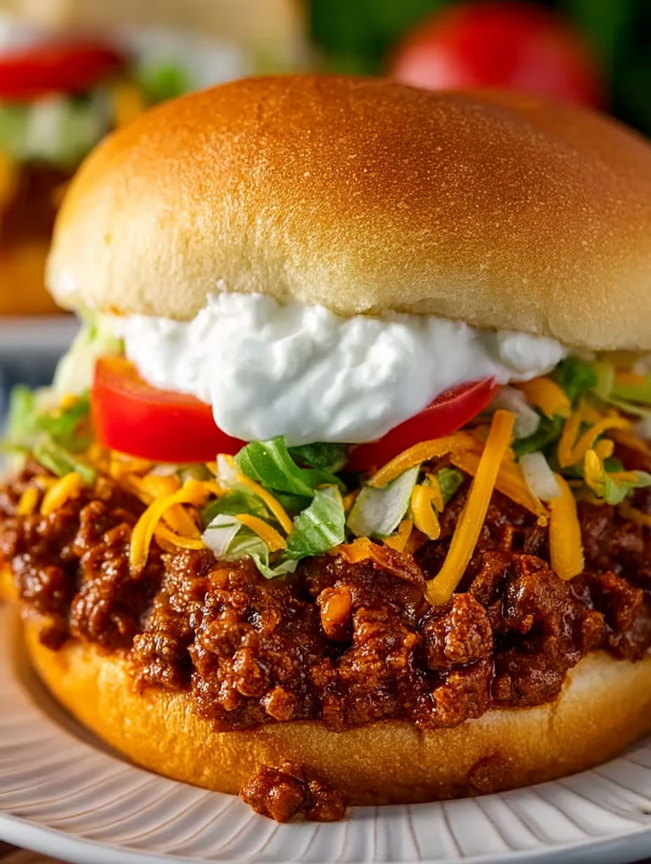 A sloppy joe sandwich with lettuce and tomato.