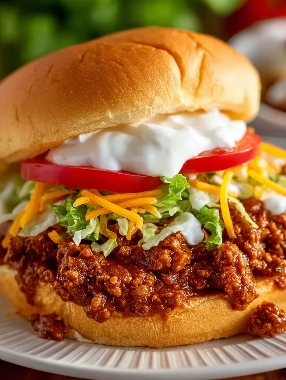 A sloppy joe sandwich with lettuce and tomato.