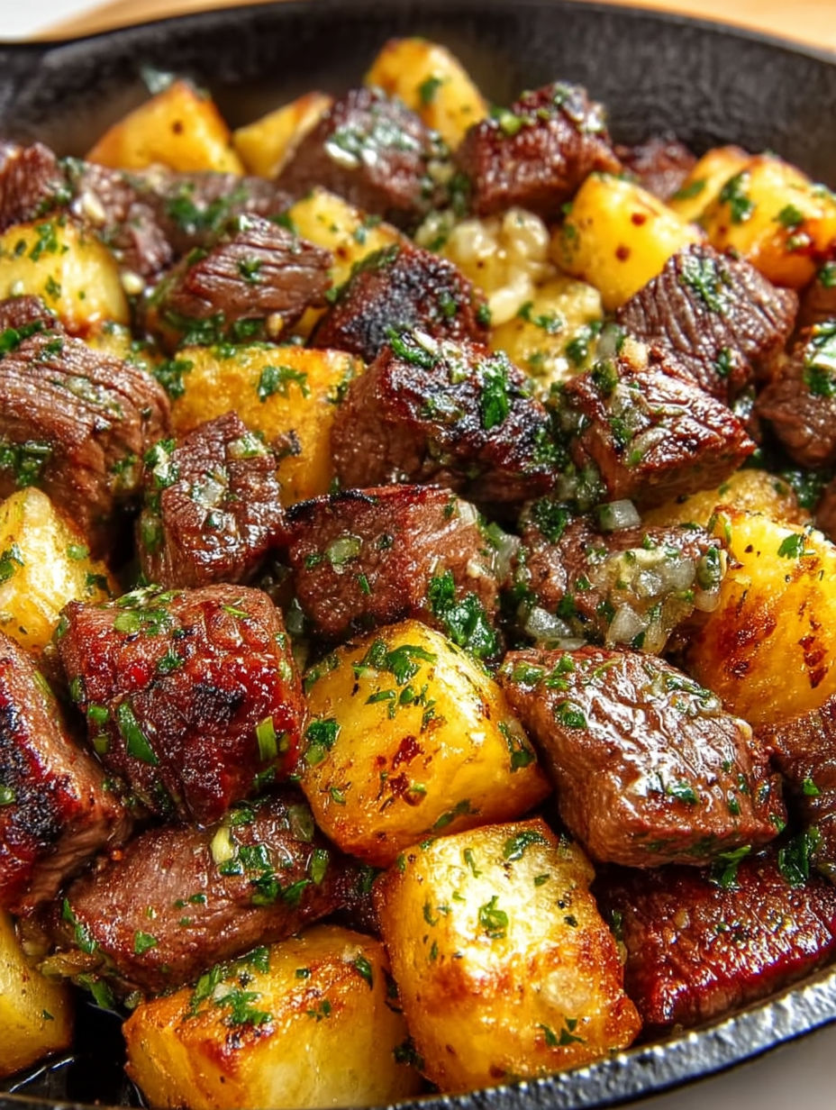 A close up of a delicious meal of garlic butter steak bites and potatoes.